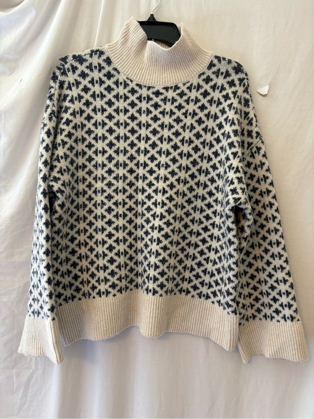 For The Republic Cream and Blue Patterned Turtleneck Sweater